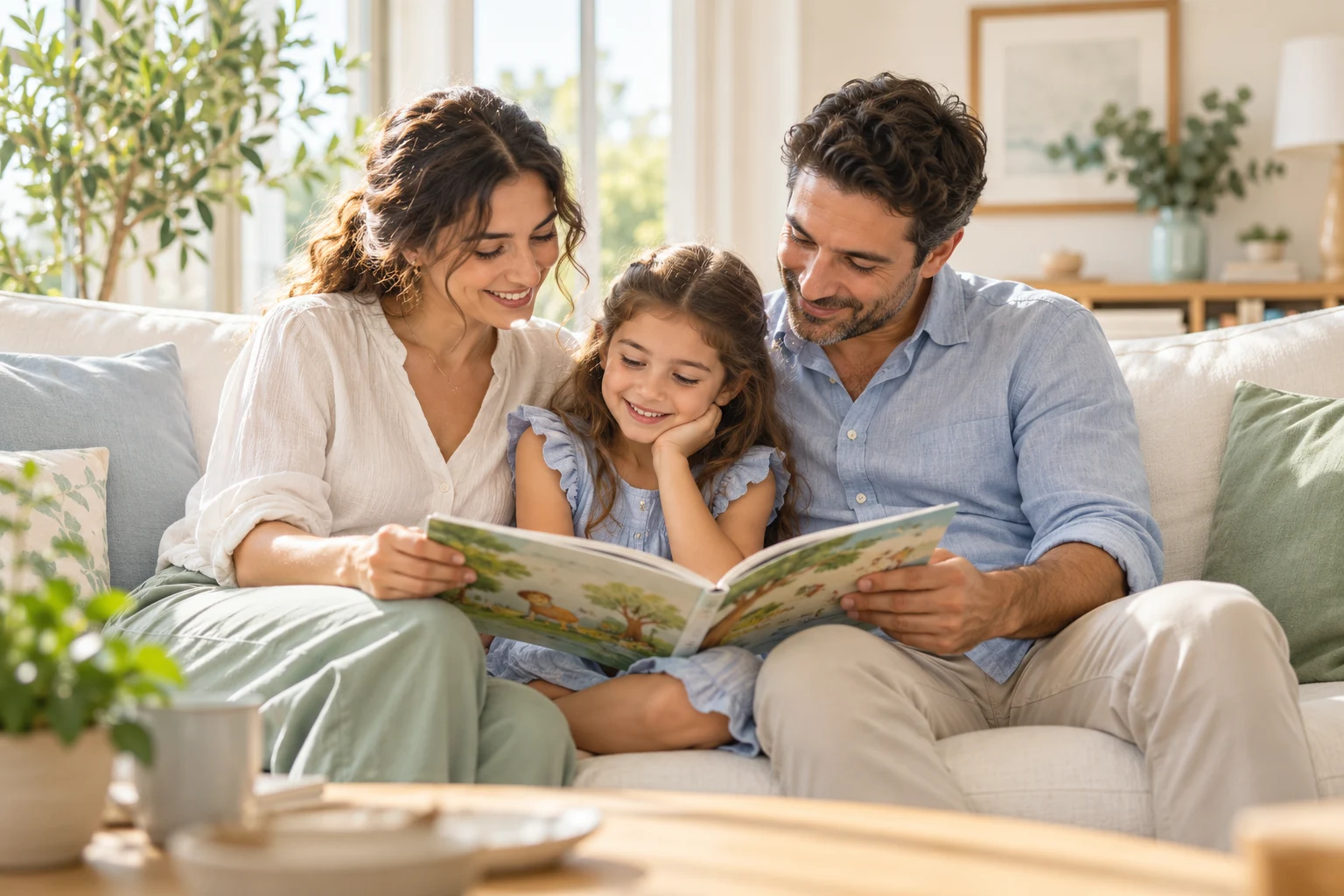 Aydınlık bir evde çocuklarıyla birlikte kitap okuyan aile